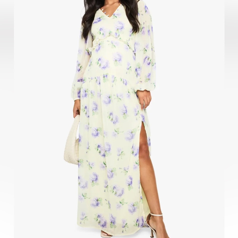 Floral V-Neck Long Sleeve Maxi Dress in Light Cream MATERNITY BRAND NEW